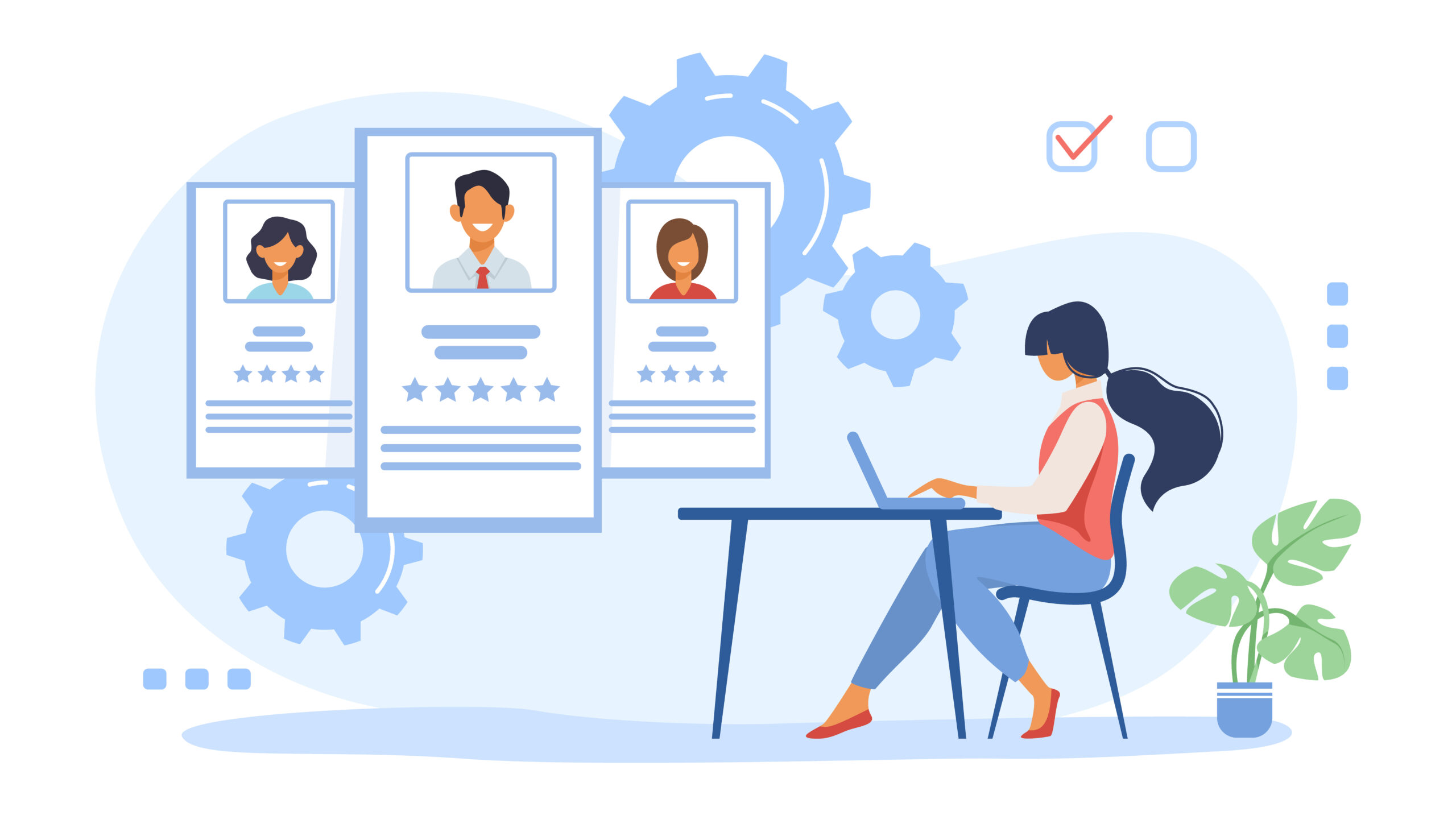 Recruit agent analyzing candidates. HR manager studying employees profiles on internet flat vector illustration. Rate, staff, human resource concept for banner, website design or landing web page